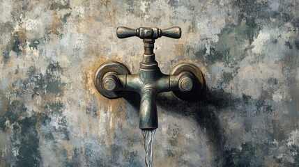 A detailed illustration of a faucet slowly dripping water onto a textured background, emphasizing conservation