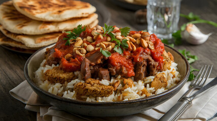 Egyptian Fatteh: Layers of crispy pita, rice, and tender meat topped with garlic-vinegar tomato sauce. Garnished with toasted nuts and fresh parsley for added texture and flavor contrast.







