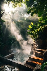 Sunlit tropical hot spring with misty ambiance