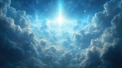 Fototapeta premium radiant beams of light breaking through fluffy clouds creating a divine atmosphere that evokes a sense of peace and serenity capturing the beauty and wonder of a heavenly landscape
