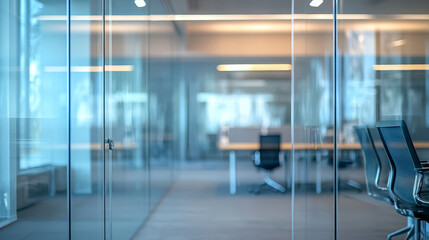 Fototapeta premium modern office space with glass walls and sleek furniture creates professional atmosphere. focus is on clean lines and open layout, enhancing productivity and collaboration