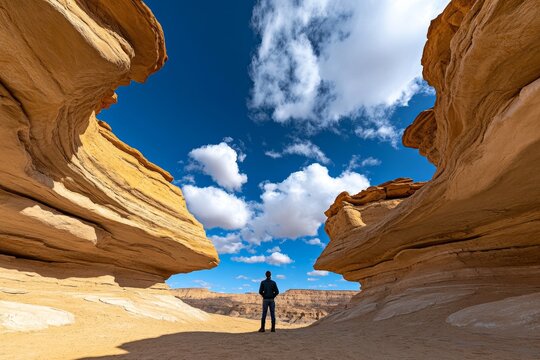 A wanderer standing in an open desert canyon, taking in the enormity of the landscape
