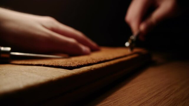 Man works with leather on the table