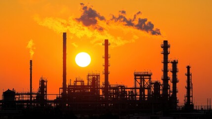 Fototapeta premium A factory complex silhouetted against a vivid sunset, its smokestacks and machinery bathed in golden light