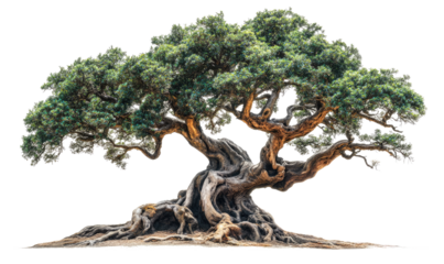 Large old tree with gnarled roots on transparent background