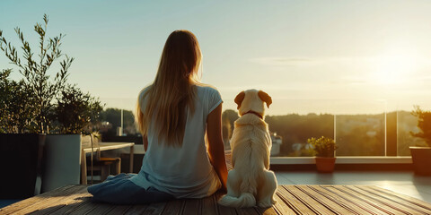Fototapeta premium Woman and dog enjoying serene sunset on rooftop terrace