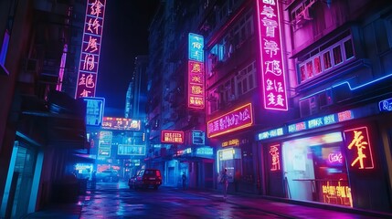 Night city with neon lights. Panoramic view of the city street at night.