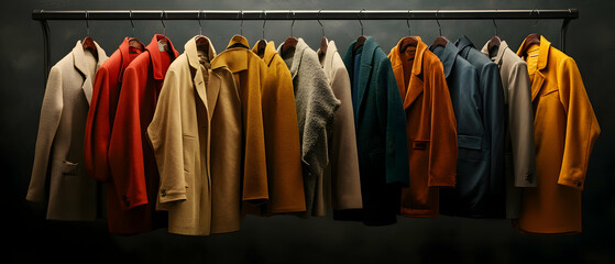 A row of stylish winter coats in various colors and textures hang on a black metal rack against a dark background.