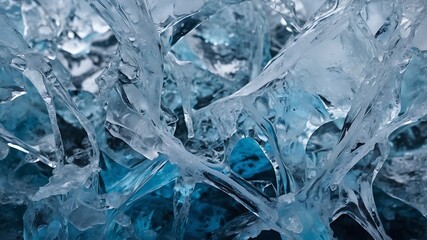 The ice cubes are crystal clear and sparkling. The frozen water droplets stick to the cold.