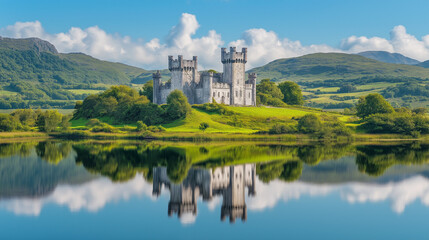 Fototapeta premium Romantic castle in the countryside, with a lake reflecting its towers