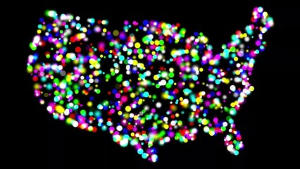 Beautiful illustration of USA map with colorful bokeh lights on plain black background