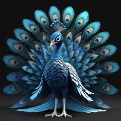 Low poly 3d illustration a beautiful blue peacock in metaverse black background. generative ai.