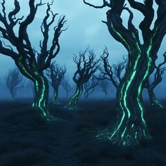 Fototapeta premium Alien forest, twisted trees, glowing fauna, post-apocalyptic calm