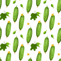 Seamless pattern of fresh cucumber, different shapes, slice, whole, half, leaf, embryo, flower. Healthy food for fabric design, packaging, stationery.