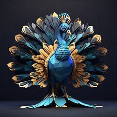 Low poly 3d illustration a beautiful blue peacock gold feathers in metaverse black background. generative ai.
