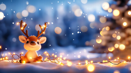 Miniature reindeer with Christmas lights tangled in its antlers, cute holiday scene, 3D illustration