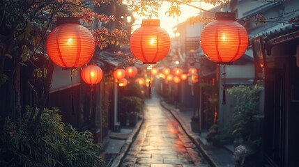 Tranquil Lanterns Hanging in Japanese Alleyway