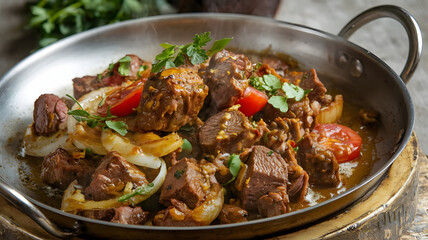 Fototapeta premium A sizzling dish of Mugalgal with tender meat chunks sautéed with onions, tomatoes, and spices, served on a hot plate. The meat's juices glisten, and it's garnished with fresh herbs for added color.