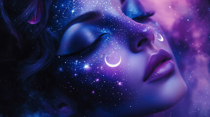 woman cosmic galaxy makeup, stars and moon, Halloween, esotericism astrology tarot divination. Banner copy space