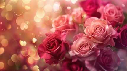 Obraz premium Valentine's Day Roses with Heart Shaped Bokeh and Golden Light Flares - Romantic Design for Cards