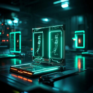 Alien lab, broken tech, flickering holograms, ominous silence