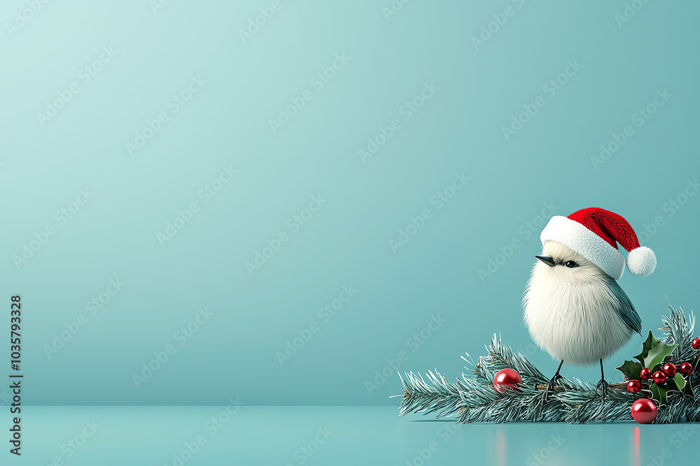 Canvas Prints Tiny bird with a Santa hat, perched on a Christmas wreath, 3D illustration