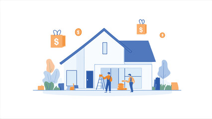 Flat illustration of people working on the exterior of a modern home, with coins and a money bag around it, against a white background.
