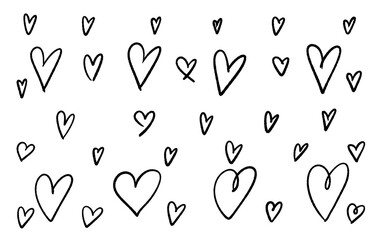 Hand drawn hearts of various sizes. These charming black outlined hearts are perfect for decorative and creative uses.