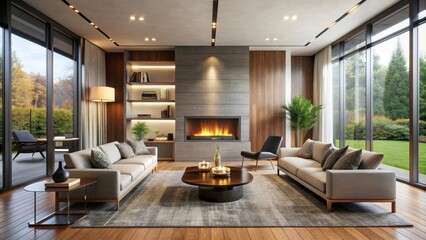 Fototapeta premium Modern living room with sleek fireplace and cozy seating , cozy, modern, living room, interior design, fireplace