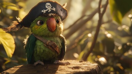 A parrot sporting a pirate hat perches on a tree stump, with feathers fluffed and an adventurous look in its eye