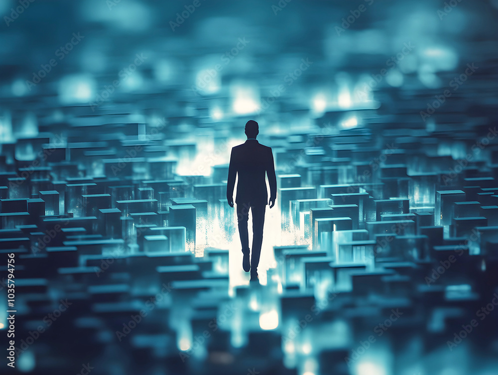 Poster man walking through digital maze of light