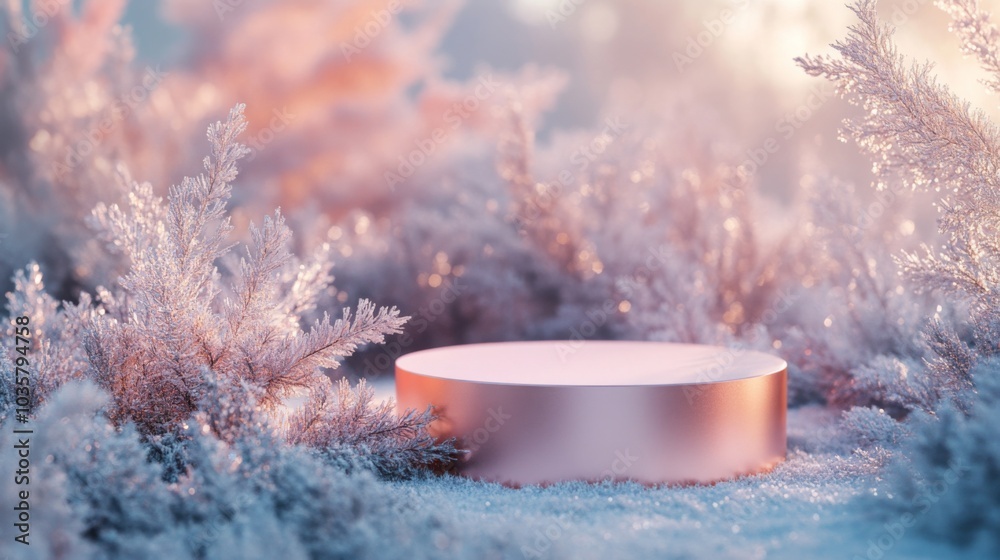 Poster a serene winter landscape showcases a shiny, circular platform set amidst delicate frost-covered pla