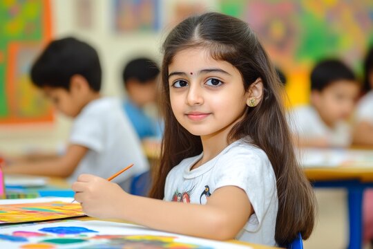 a young indian girl at school is painting