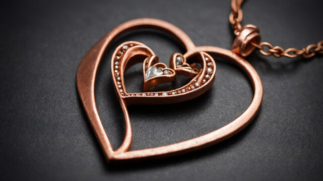 Elegant dual heart pendant necklace with intricate design and shimmering stones on a dark background.