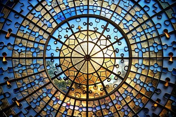 Puzzle Grid Circle Jigsaw Outline Scheme for Mind Games with Modern Background and Mosaic Tiles