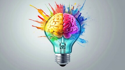 Colorful Brain Inside Light Bulb Concept, Creativity, Innovation, Inspiration, Bright Idea, Creative Thinking, Technology, Generated AI