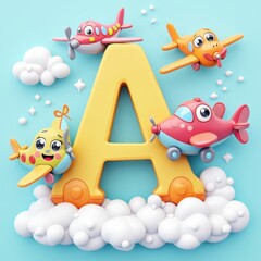 Fototapeta premium A cheerful cartoon boy playing with a toy airplane, capturing the joy of childhood adventures and family fun