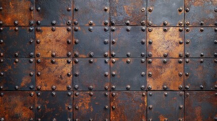 Fototapeta premium A rugged industrial metal wall with rusted steel plates and large rivets arranged in a grid pattern, weathered by time