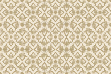 Seamless damask floral pattern with decorative elements in beige tones. Elegant and ornate design suitable for wallpaper, fabric, interior decoration, and vintage-style projects.