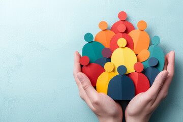 Close-up of hands cradling multicolored paper people, highlighting unity, diversity, and community care against a soft, nature-inspired backdrop