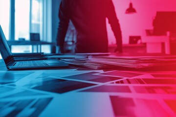 A person stands by a desk in an office covered with blue and red light.
