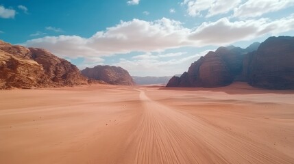 Naklejka premium A serene desert landscape featuring sandy terrain, rocky cliffs, and a clear blue sky with fluffy clouds.