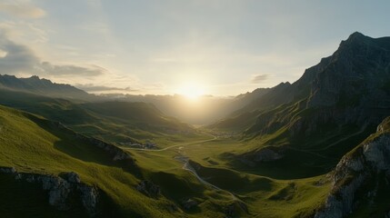 A breathtaking landscape at sunrise, showcasing rolling green hills and majestic mountains under a clear sky.
