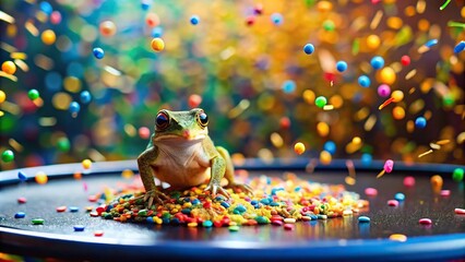 Adorable creature bouncing on trampoline with confetti falling around