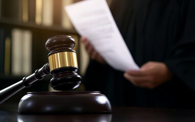 Close-up of a wooden gavel on a judge's desk, judge holding legal papers in the background, emphasizing the concept of law and justice