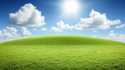 Obraz premium A bright, sunny landscape with a green hill, vibrant grass, and fluffy clouds against a clear blue sky.