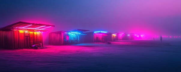 Naklejka premium Alien slums, abandoned shelters, neon fog, haunting silence