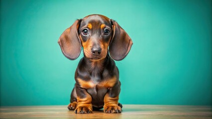 Adorable Dachshund puppy on mint background with copy space medium shot