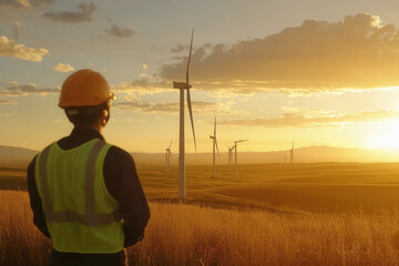 Engineer looking at wind turbines in field at sunset