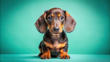 Adorable dachshund puppy sitting on mint background with copy space
